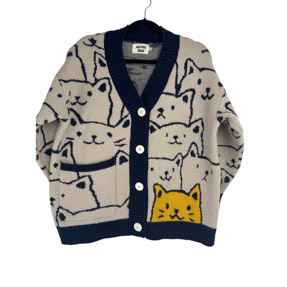 Aelfric Eden Womens Oversized Cat Print Cardigan Sweater Beige Navy S Cat Mom